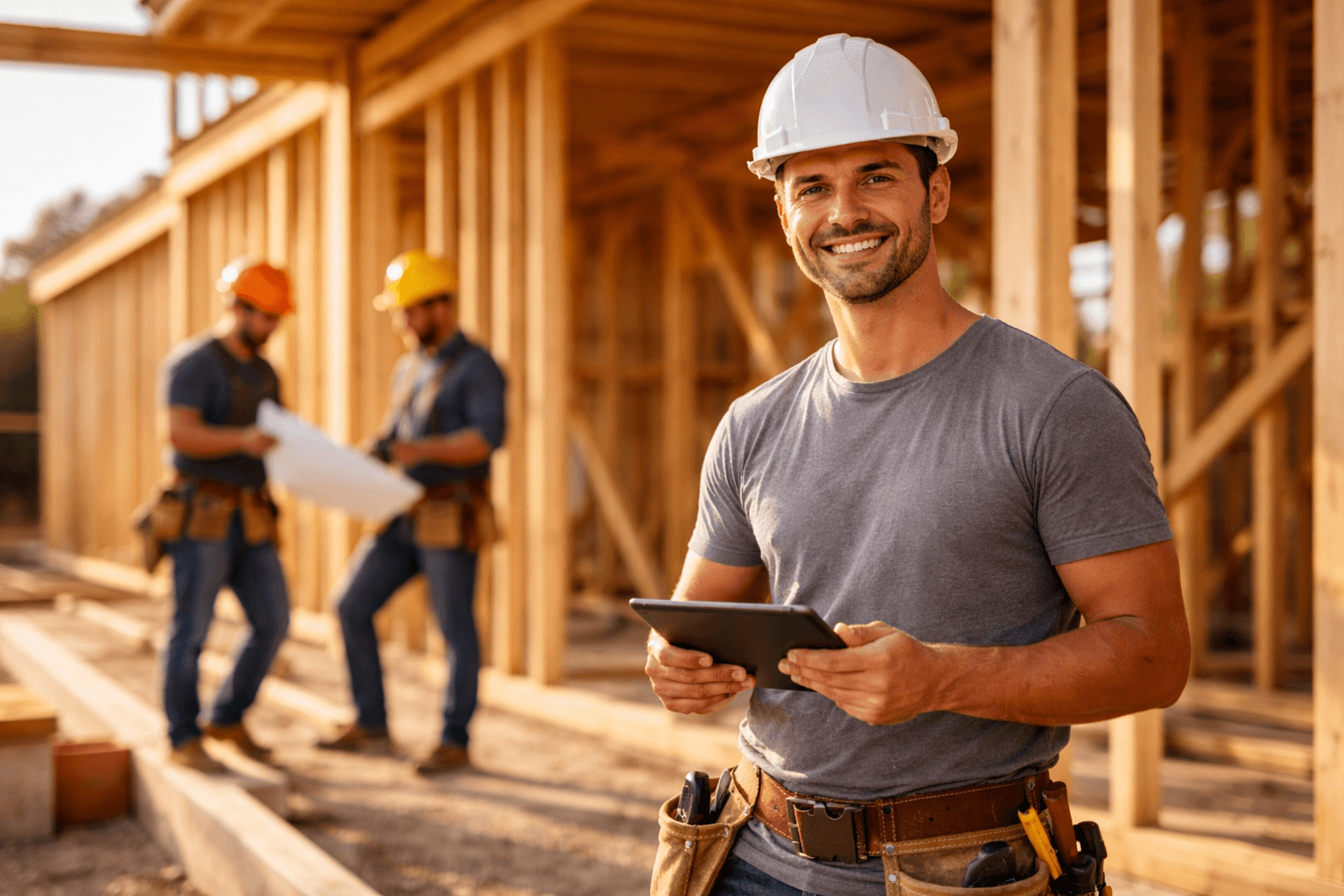 Construction contractors reviewing invoices and job costs on a tablet at a jobsite
